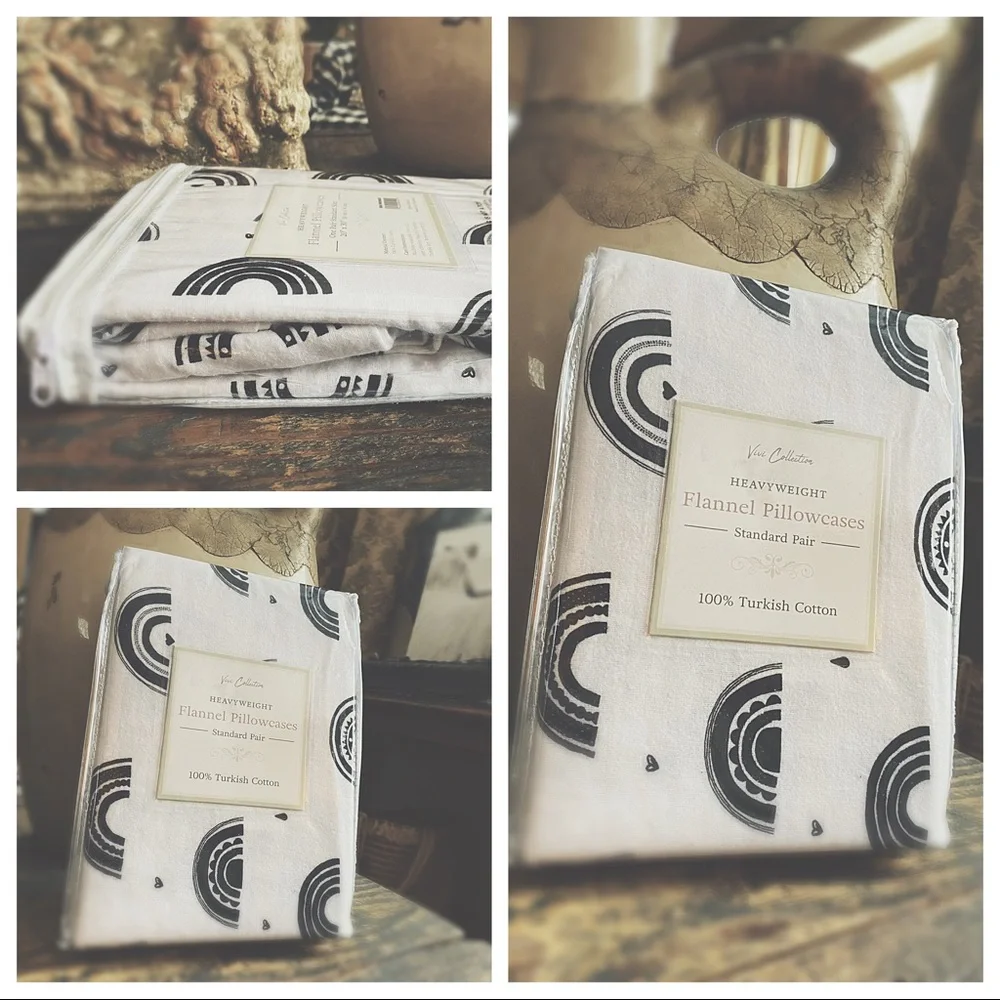 Standard Flannel Pillowcases - Black & White Rainbows/Hearts - Turkish Cotton